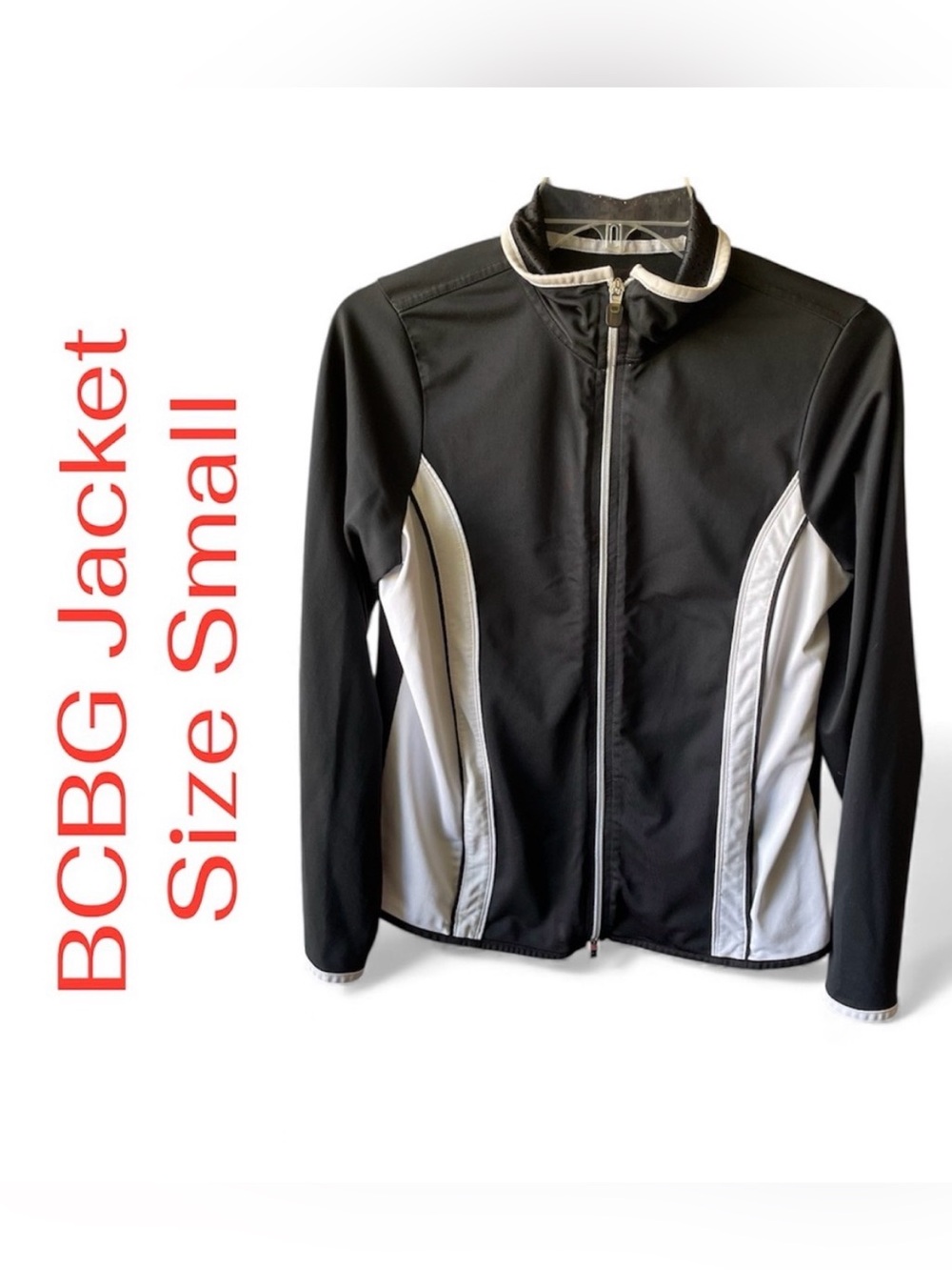 BCBG Monochrome Zip-Up Jacket Ladies Small has Athletic Pockets mesh collar